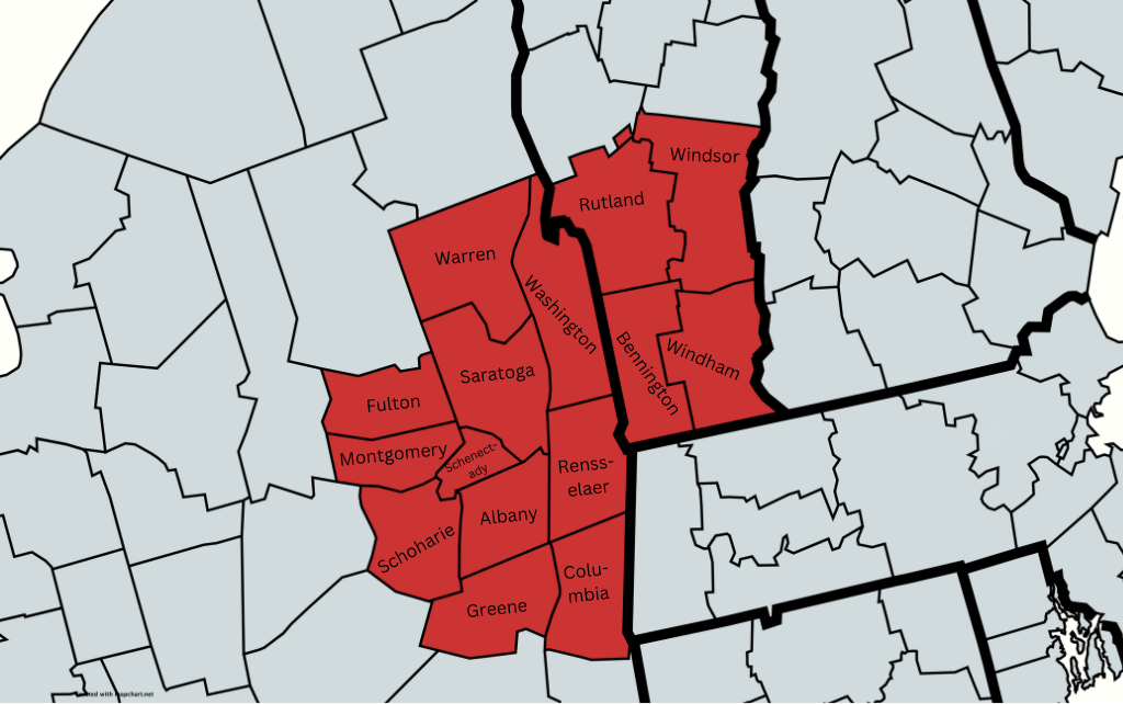Map showing the service areas for the best roofing contractor in NY VT